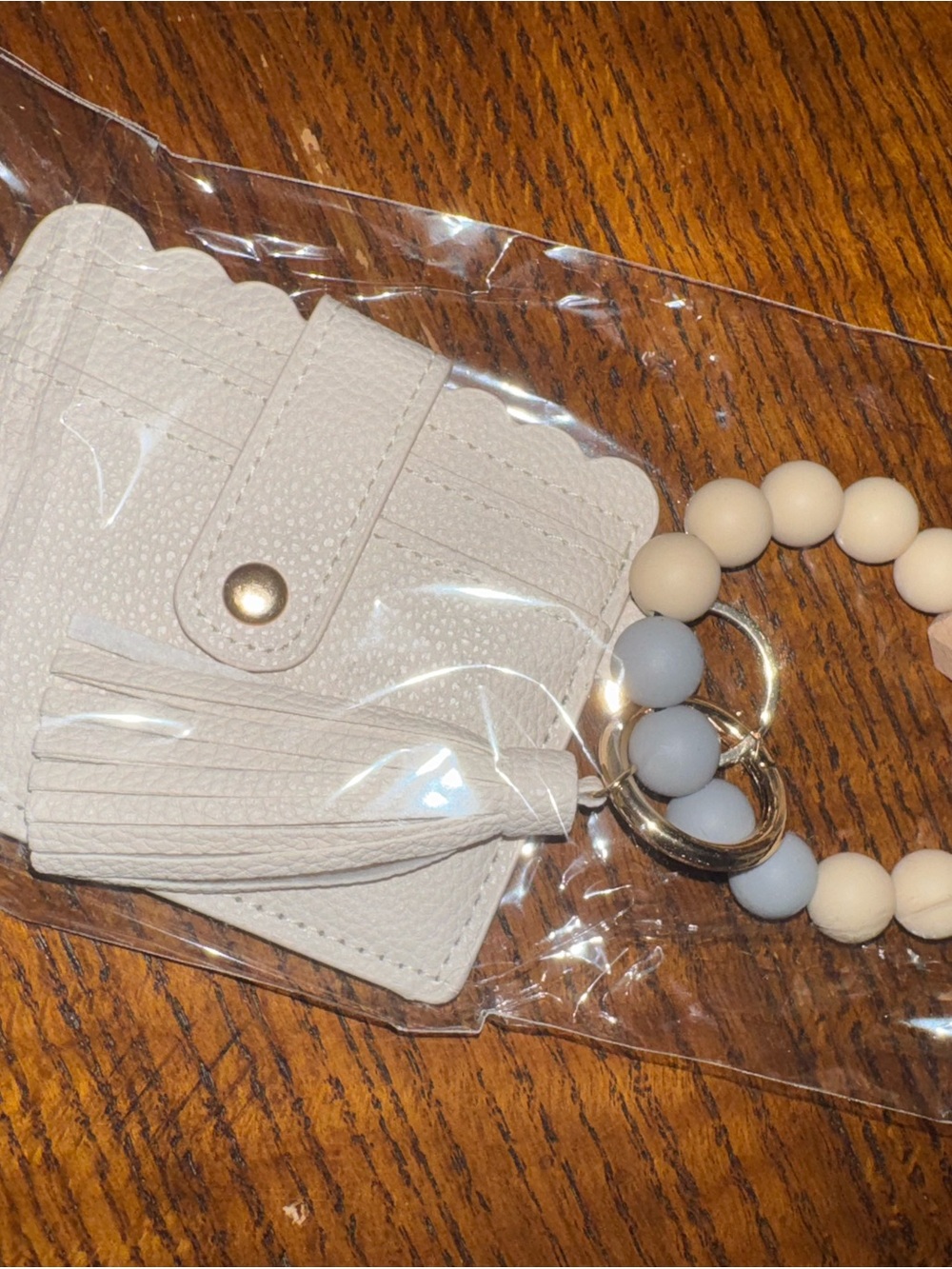 Women’s Beige Card Holder Wristlet Keychain with Beaded Strap